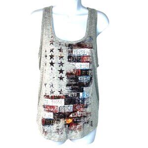 Maurices Gray Sleeveless Graphic Tank Top With Star & License Plate Design  Med